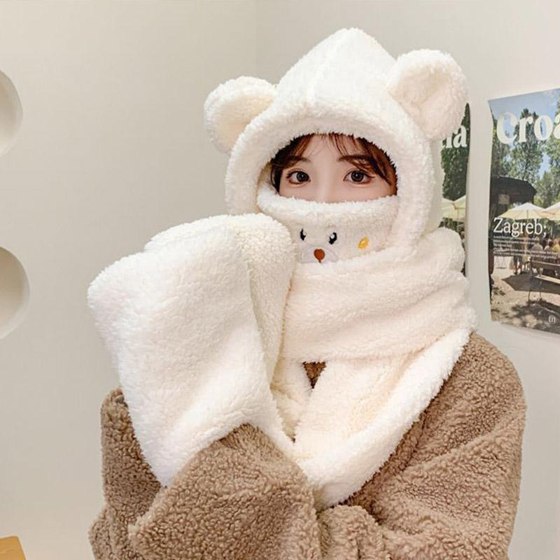 Winter Women One Piece Scarf Cap Winter Thick Warm Hat Scarf Gloves Windproof Anti-cold Girls Cartoon Bear Lamb Fleece Beanie