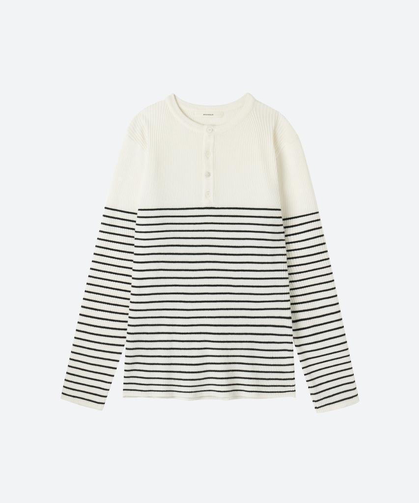 MOONSUN Unisex, Stripe Henley Neck Knit / Iv Stripe