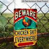2D Flat Vintage Metal Sign Warning about Chickens, Stating 'Beware of Chicken Droppings Everywhere'. This Humorous Plaque Features Bright Colors and