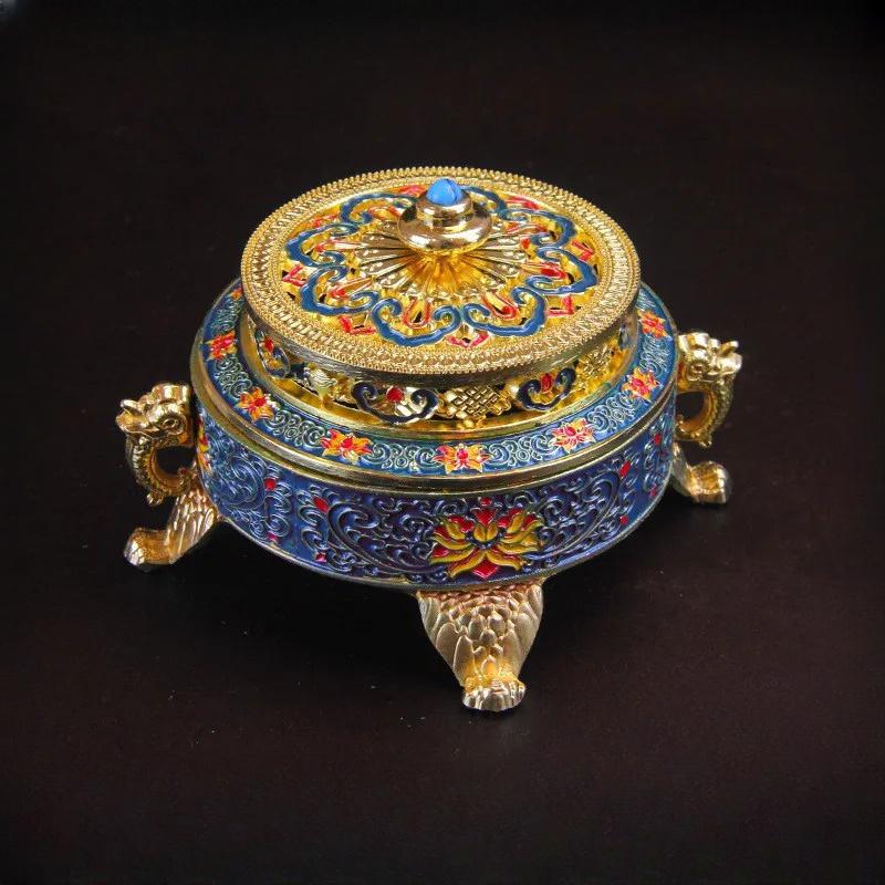 1 шт. Синяя цветная тисненая эмалевая роспись храмовая пластина курильница для благовоний из медного сплава антикварная курильница для ароматерапии курильница для благовоний труба из сандалового дерева