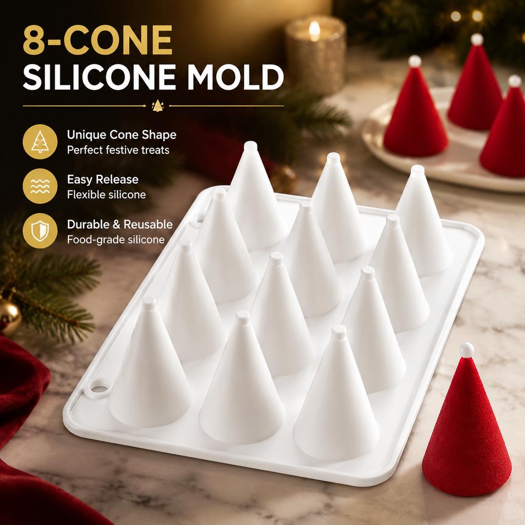 8-Cavity Christmas Tree Cone Silicone Mold for Mousse Cake, Chocolate and Holiday Baking Treats