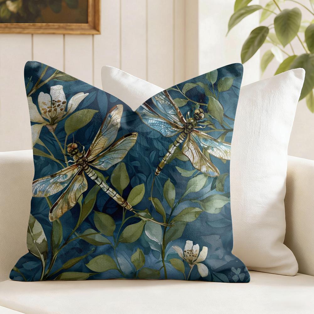 Dragonfly Lotus Cushion Cover Summer Linen Pillow Case Organic Fabric Cushion Cover DoubleSided Print Sofa Home Decor