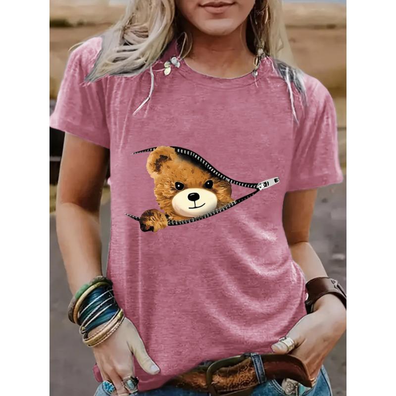 Свободная футболка с коротким рукавом и круглым вырезом с принтом «Медведь на молнии» для женщин