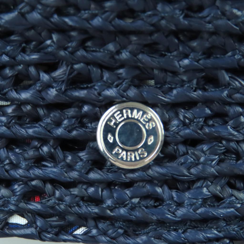 Excellent HERMES Casquette Garate Serie Metal Hat Navy Raffia Women Used