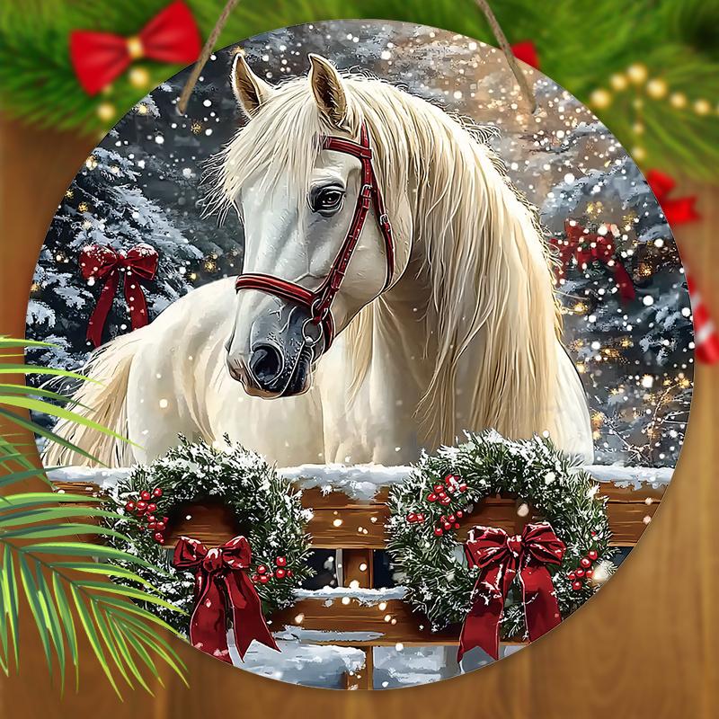 Теплая зимняя деревянная рождественская табличка с узором белой лошади, круглая рождественская табличка для декора на входную дверь или стену, идеальный рождественский подарок