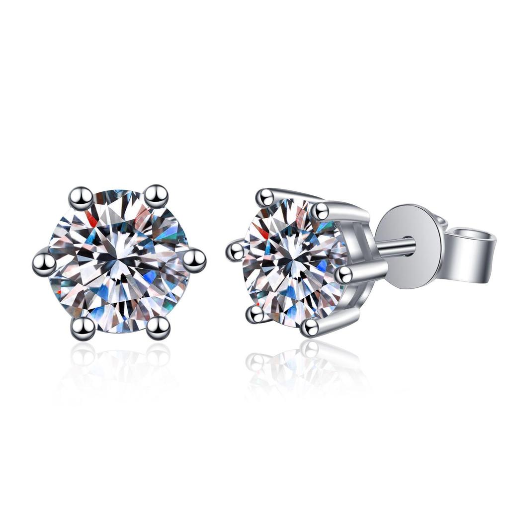 925 Sterling Silver Six-Prong Moissanite Stud Earrings, ID Supported
