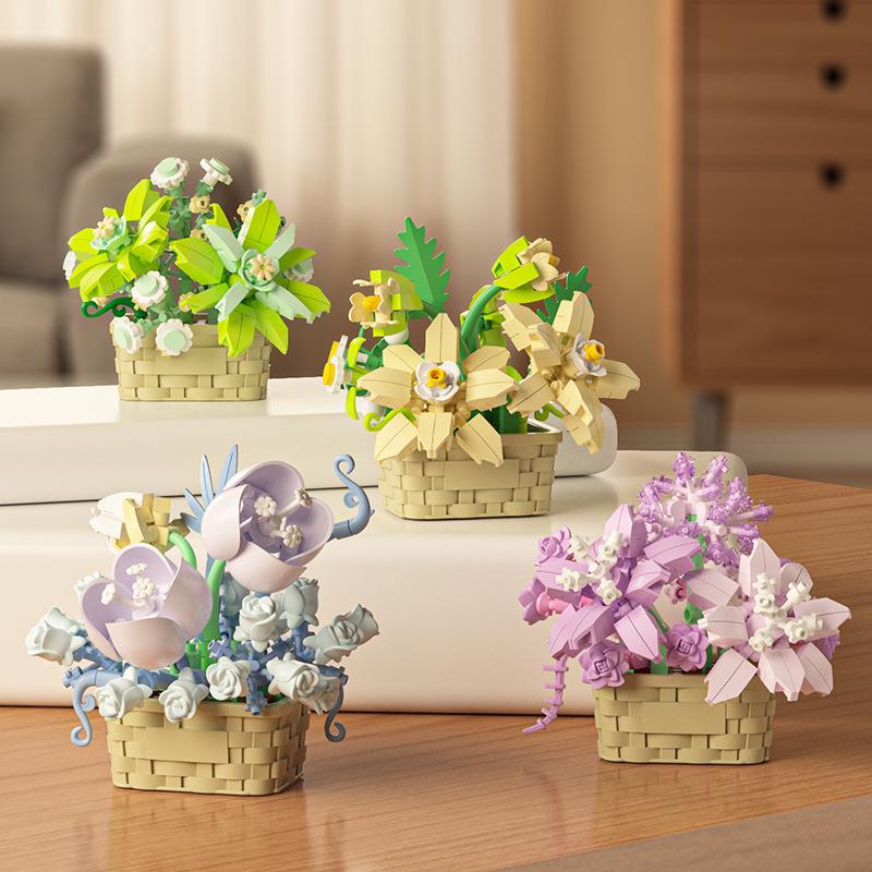Cross-Border Lego Immortal Flower Basket Building Block Set - Rose Bonsai & Children's Assembly Toy for Teacher's Day Gift