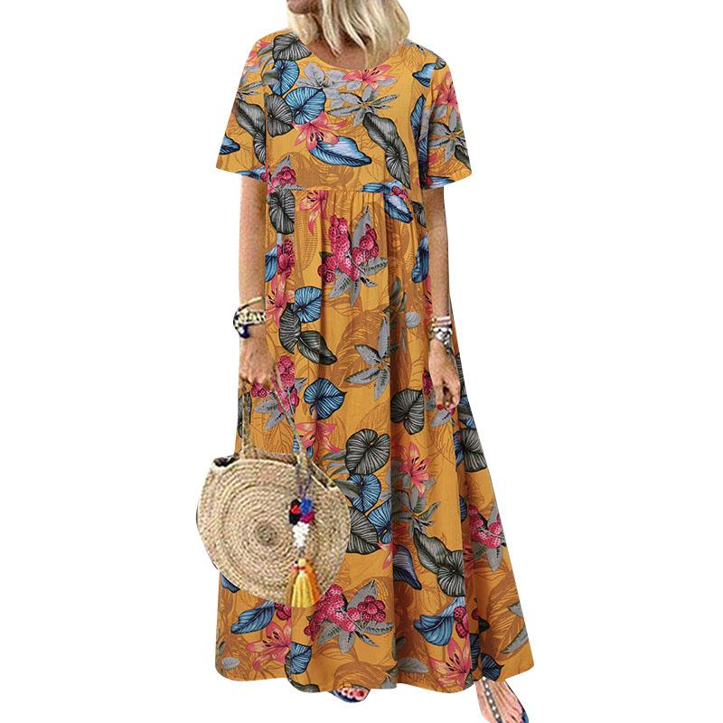 QICED Повседневная женская Свободная рубашка с круглым вырезом и винтажным цветочным принтом с коротким рукавом