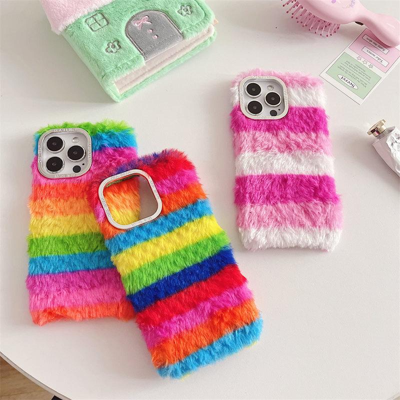 Зимний плюшевый Радужный чехол для iPhone 15, 14, 13, 12, 11 Pro Max XR XS XS Max 7 8Plus SE 2020, защитные чехлы от падения