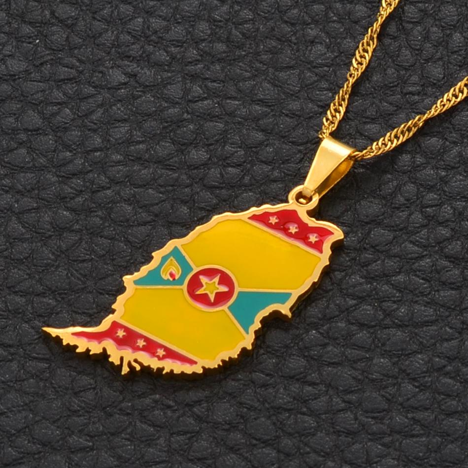 Grenada Island Map Flag Pendant Water-Wave Necklaces Stainless Steel Caribbean Sea Jewelry for Gifts Engagements Parties #098821