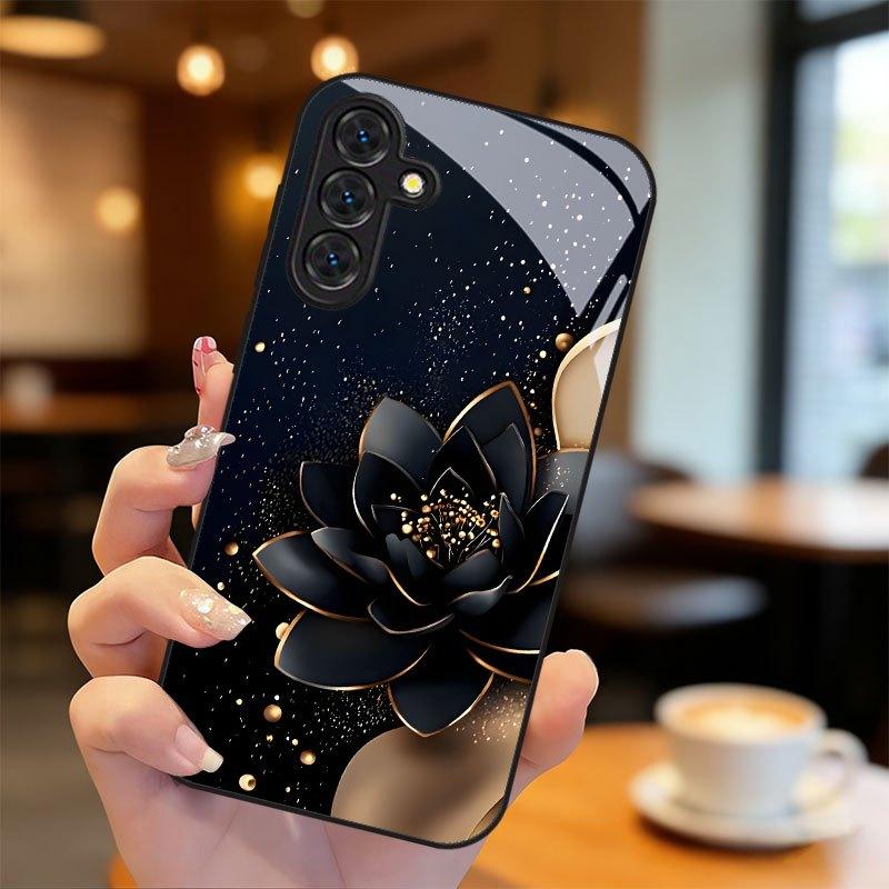 Стеклянный чехол для телефона с узором черного лотоса, подходит для Samsung Galaxy S26 S25 S24 S23 S22 S20 FE/Ultra/Plus, противоударная задняя крышка