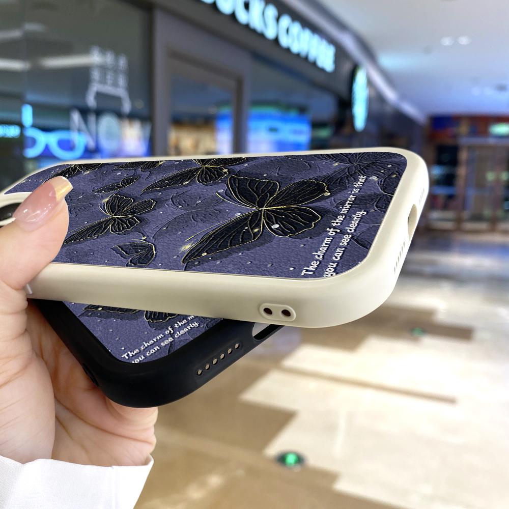 Slim Skin Feeling Cartoon Black Butterfly Soft Silicone PU Leather Cover Phone Case for iPhone Samsung Huawei Honor Xiaomi Redmi OPPO Realme Vivo