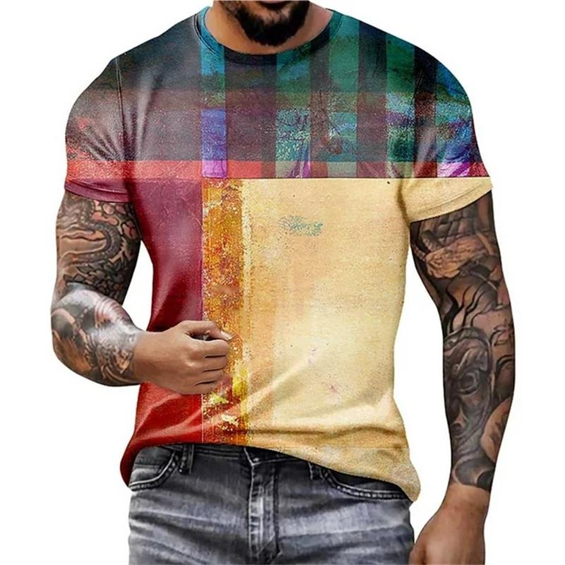 Цветная футболка с граффити для мужчин, Color Blocking, 3D-принт, летние повседневные топы с коротким рукавом, круглый вырез, свободные футболки