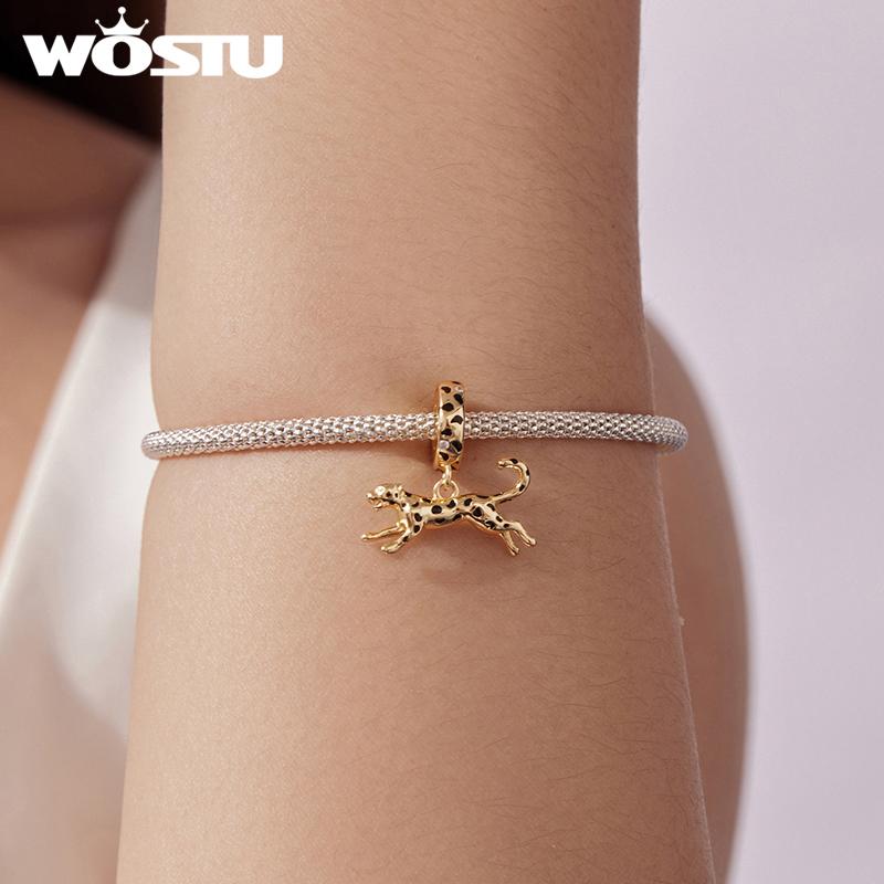WOSTU 925 Sterling Silver 18K Gold Plate Leopard Lion Pendant Animal Charm For DIY Jewlery Gift Fit Original Bracelet Necklace