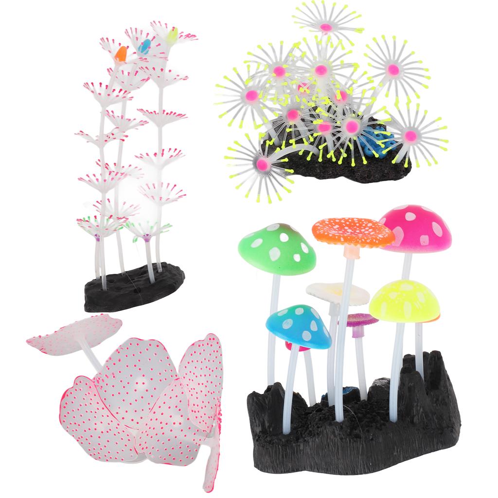 5Pcs Aquarium Ornament Glowing Silicone Simulation Aquarium Mushroom Coral Decoration for Fish Tank
