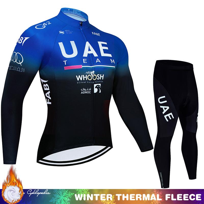 Мужской зимний комплект для велоспорта Team UAE с термофлисом - джерси с длинным рукавом и брюки-бибсы с подкладкой