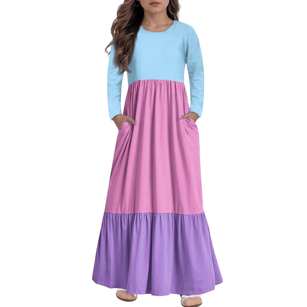 Girls' Maxi Dress Casual Holiday Dresses - Long Sleeve Dress With Pockets For 4-14Y