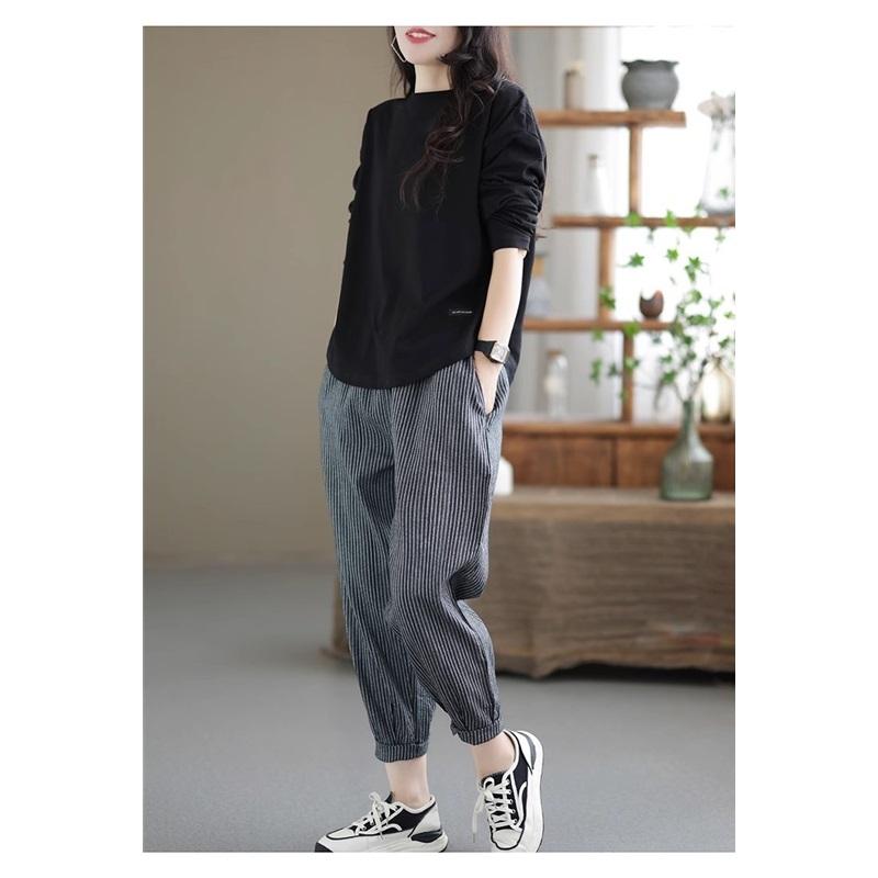 Винтажная однотонная футболка с длинным рукавом свободного кроя для осени и зимы