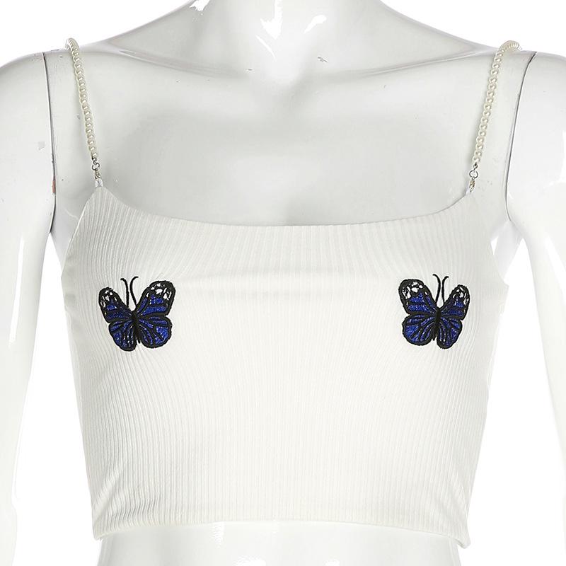 Женский укороченный топ с вышивкой в виде бабочки и жемчужными бретелями, облегающий топ