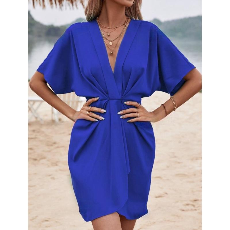 YYFS Women's Fashion Summer Spring Solid Color Print Short Sleeve V-Neck High Waist Casual Dresses