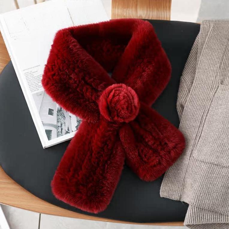 Winter Warm Scarf Hat Two-piece Set, Middle-aged and Elderly Temperament Rex Rabbit Fur Hat, Mother Flower Scarf