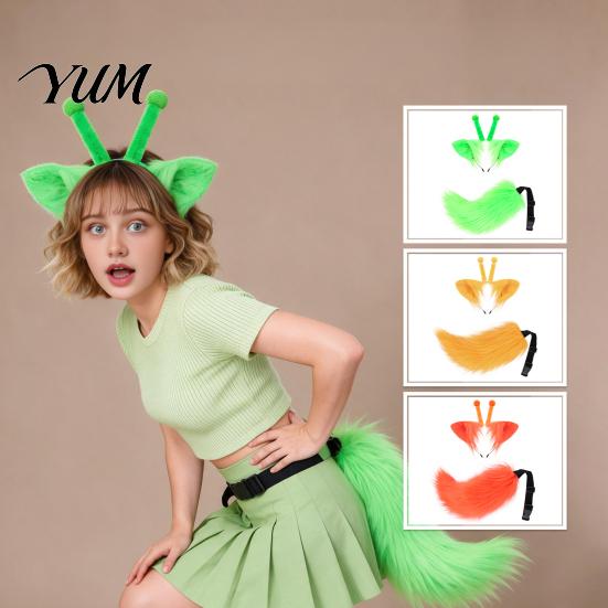 Comfortable Plush Headband Alien Cat Ears And Tail Set, Cute Kitten with Antennae, Animal Set Cosplay Costume Kit for Halloween Party, Comic