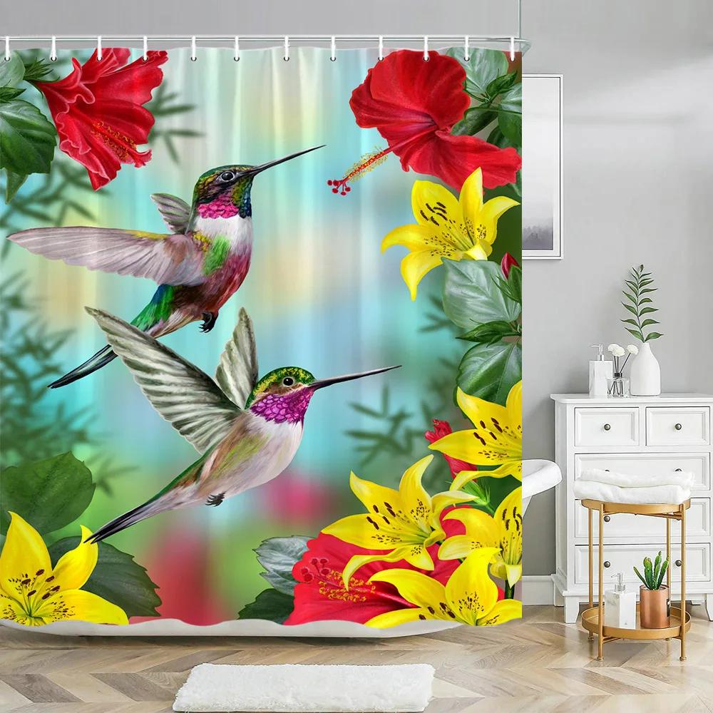 Колибри Цветочная Шторка для Душа Акварельная Птица Цветок Декор для Дома Ванная Комната Полиэстеровая Ткань Набор Штор для Ванной Крючок Моющийся