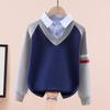 Boys' Fleece-Lined Knit Sweater: Thick, Fake Two-Piece Design for Spring/Autumn/Winter