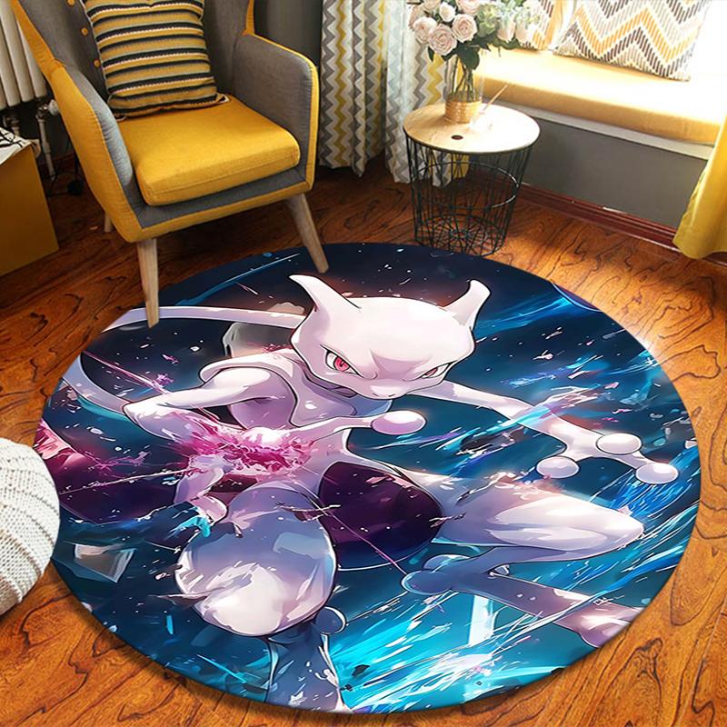 1Pc Powerful Psychic Mewtwo Flannel Round Rug Soft Non Slip Circular Office Carpet Floor Mat Bedroom Living Room Xmas Gift Q1242