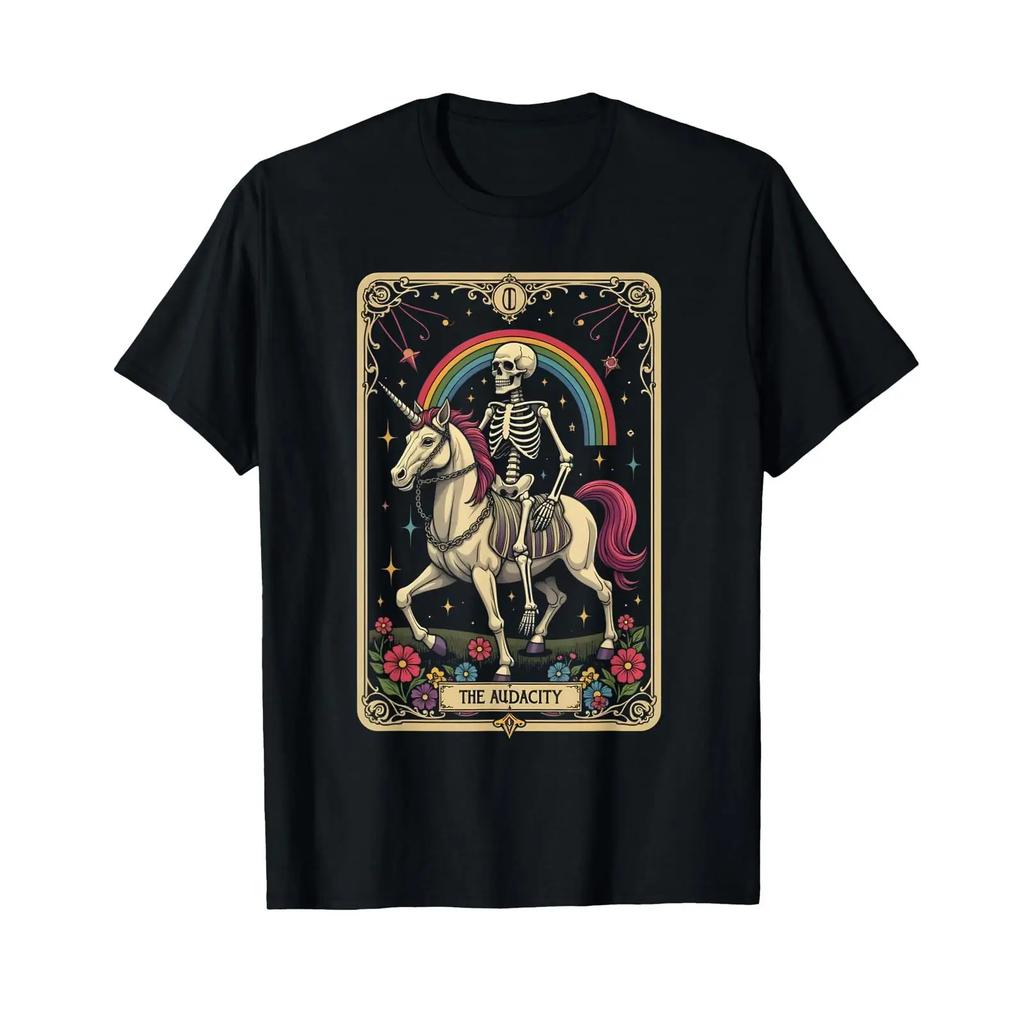 The Audacity Tarot Card Skeleton Gothic Unicorn T Shirt black S vintage Washed designer clothes Versatile streetwear Stretched