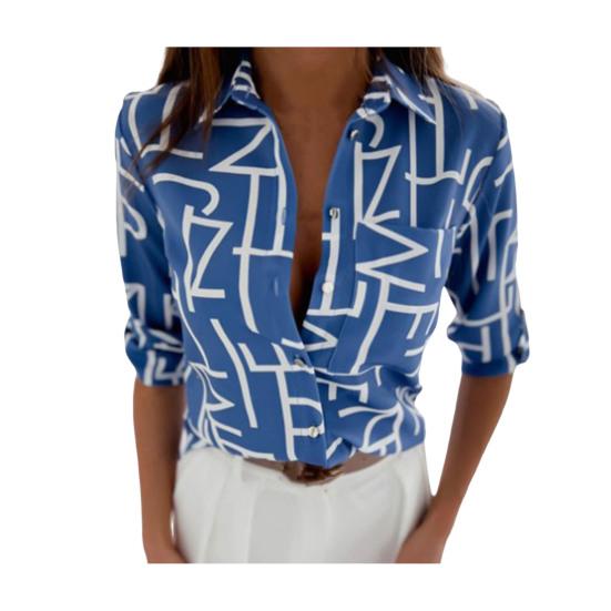Women Summer Shirt Lapel Long Sleeve Shirt Geometric Pattern Slim Fit Tops Single Breasted Shirt Streetwear