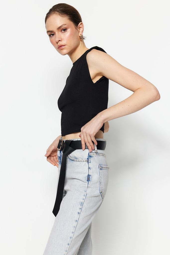 Women's Fashion Black Padded Fitted Crew Neck Crop Stretchy Knitted Blouse