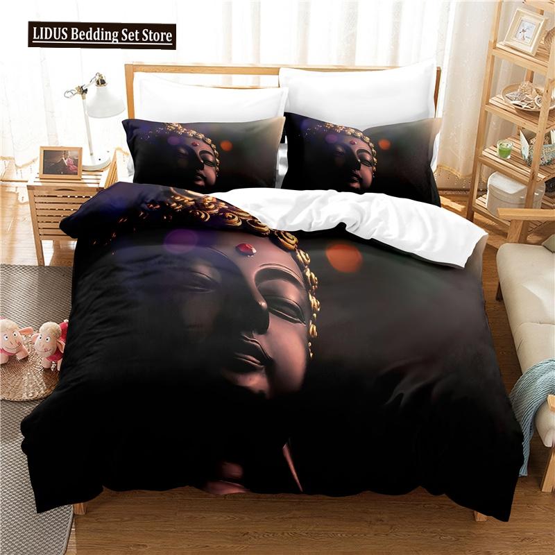 Buddha Statue Duvet Cover Set 3D Digital Printing Gold Queen King Size Bedding Set For Kids Boys Girls Polyester Comforter Set