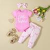 1-18 месяцев Девочка комбинезон с короткими рукавами и монограммой с бантом напечатанные брюки и повязка на голову розовый костюм