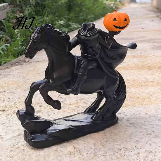 Horseman Riding Horse Statue Halloween Headless Statue, Gothic Knight Black with Ornaments Pumpkin Lantern, Spooky Resin Festive Decor for Home Yard