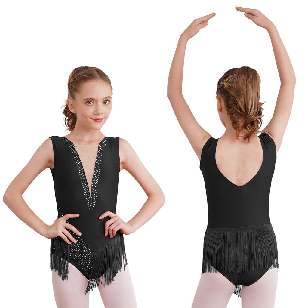 Kids Girls Shiny Figure Skating Sleeveless Leotard Rhythmic Gymnastics Fringed Bodysuit