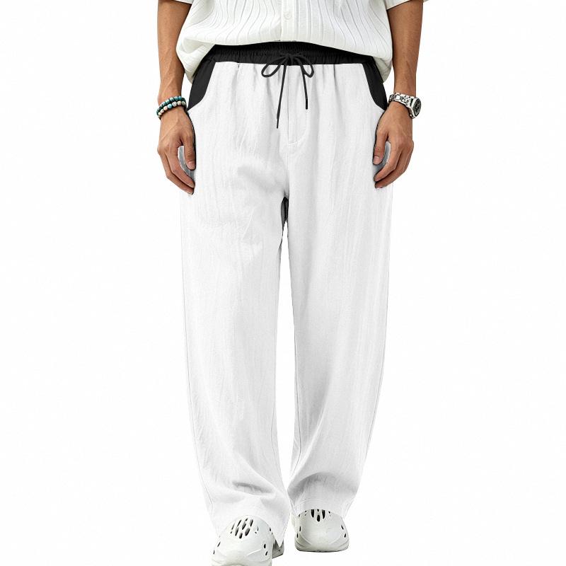 Men's Linen Breathable Straight-Leg Elastic Waist Casual Pants - Solid Color, Loose Fit, Spring/Autumn