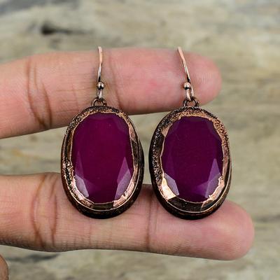 Граненые серьги с кашмирским рубином, гальванопластиковые медные серьги, приличные серьги, драгоценный камень, медные украшения, дизайнерские серьги ручной работы, подарки на помолвку