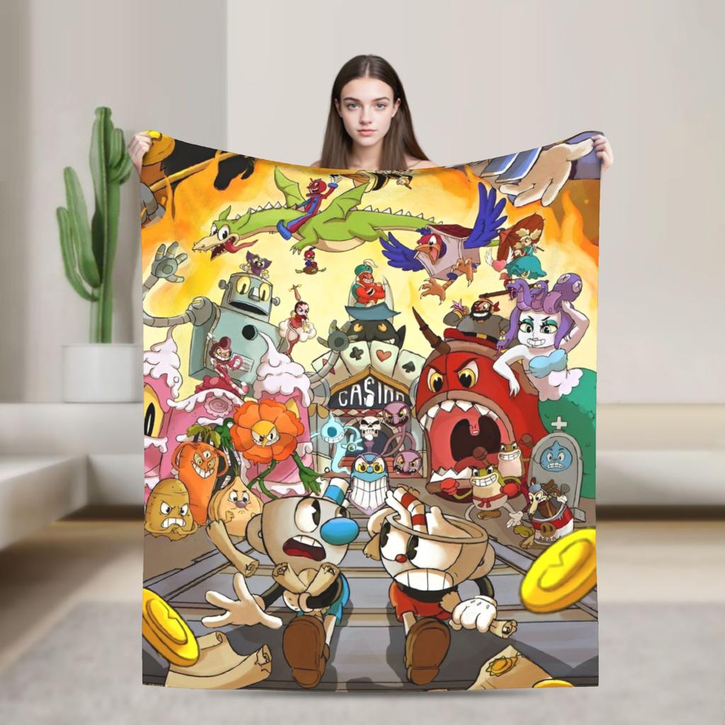 Cupheads Knitted Blanket Fleece Video Game Warm Throw Blanket for Outdoor Travel Bed Rug