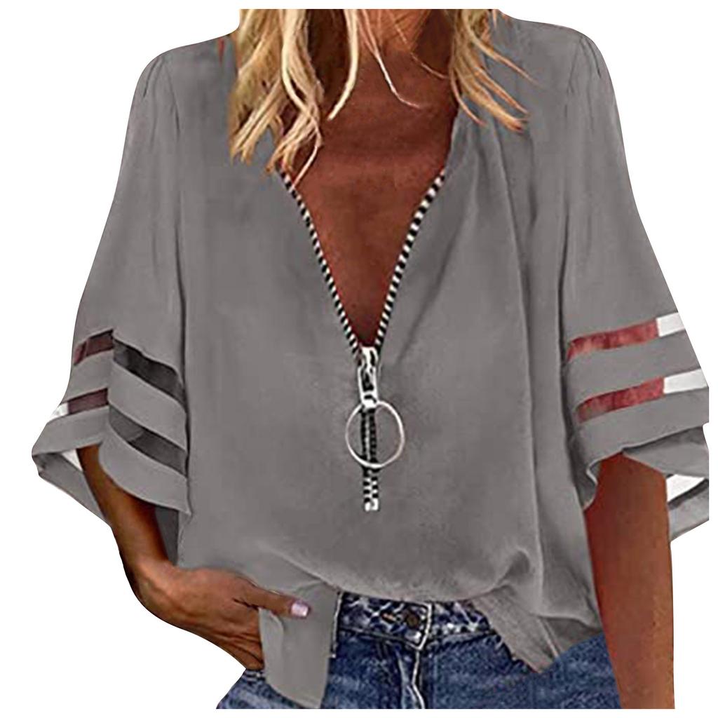 Women's Fashion Solid Colour Casual Loose Mid Sleeve Patchwork T-Shirt Top