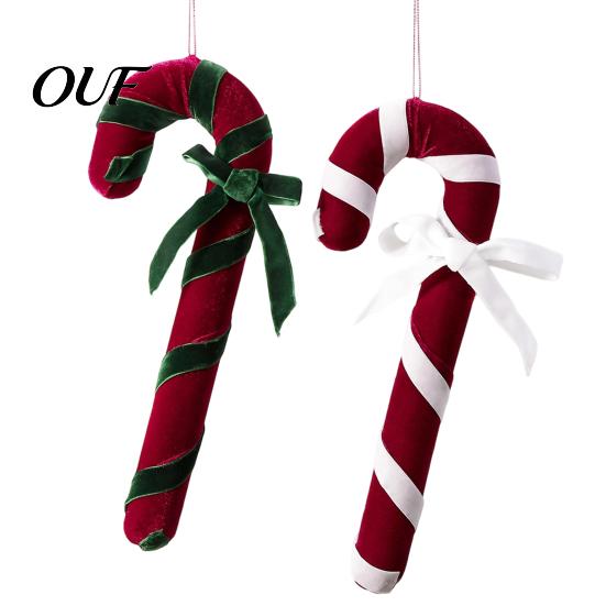 Decorative Christmas Pendant Velvet Candy Cane Ornament, Fabric Decoration with Retro Holiday Ornaments Bow, Xmas Tree Hanging Decor for Party