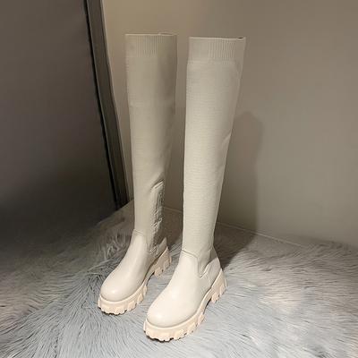 Зимние новые сапоги на толстом каблуке, женские модные сапоги с круглой толстой подошвой, с боковой молнией, сшитые из эластичной сетки