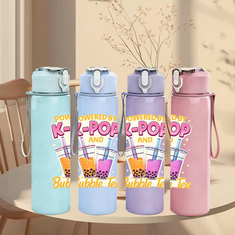 1PC K Pop Drink Cup Bubble Tea Print 750ml Color Plastic Sports Water Bottle Leakproof Flip Straw Lid Suitable for Sports Office Home Use