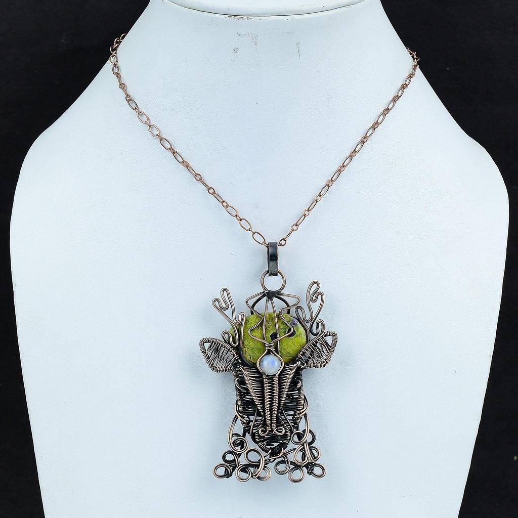 Stichtite Pendant Copper Wire Wrapped Pendant Rainbow Moonstone Copper Jewelry Handmade Pendant Gemstone Deer Face Pendant Anniversary Gifts