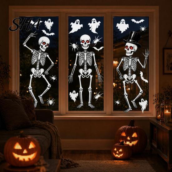 Easy Peel Glass Decal 3Pcs Halloween Skeleton Stickers, Waterproof PVC Window Clings, Static Decals, Wear-resistant Cling Removable Stickers for Home