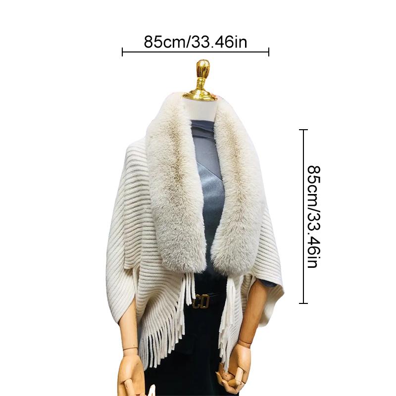 Winter Tassels Poncho Cloak Shawl Oversize Women Warm Faux Fur Collar Knit Cardigans Batwing Wraps Neck Fur Scarves Capes Coat