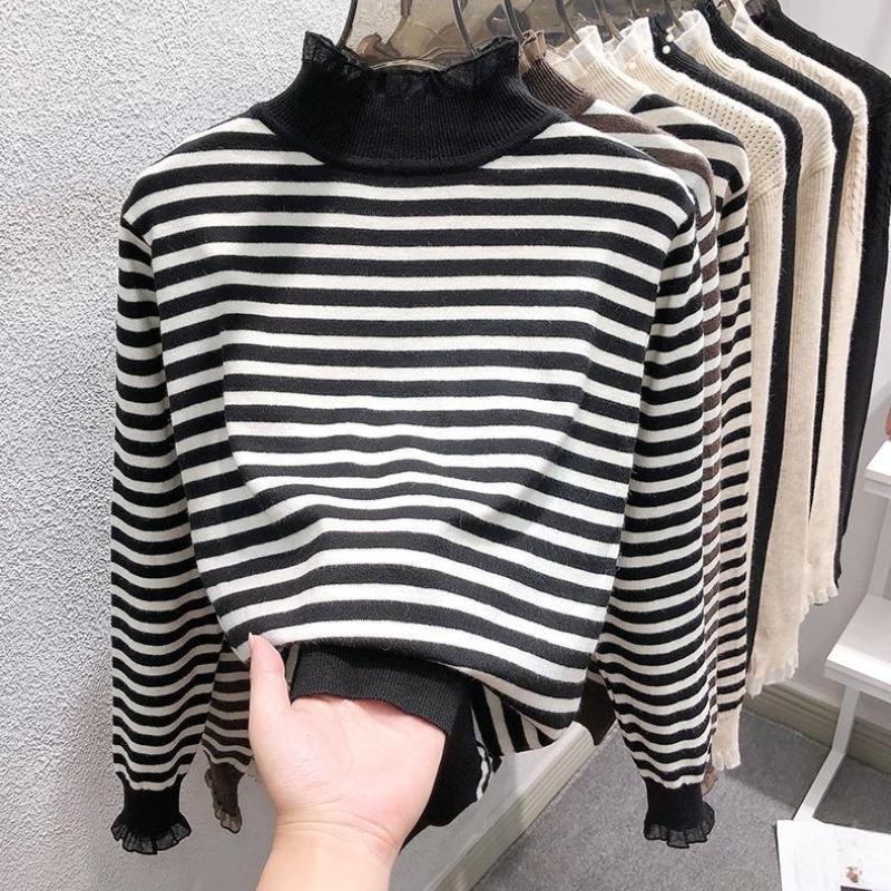 Модные облегающие свитера с высоким воротником и половинной длиной для женщин, осень-зима, полосатые, с длинным рукавом, вязаные топы, женские теплые джемперы 24873
