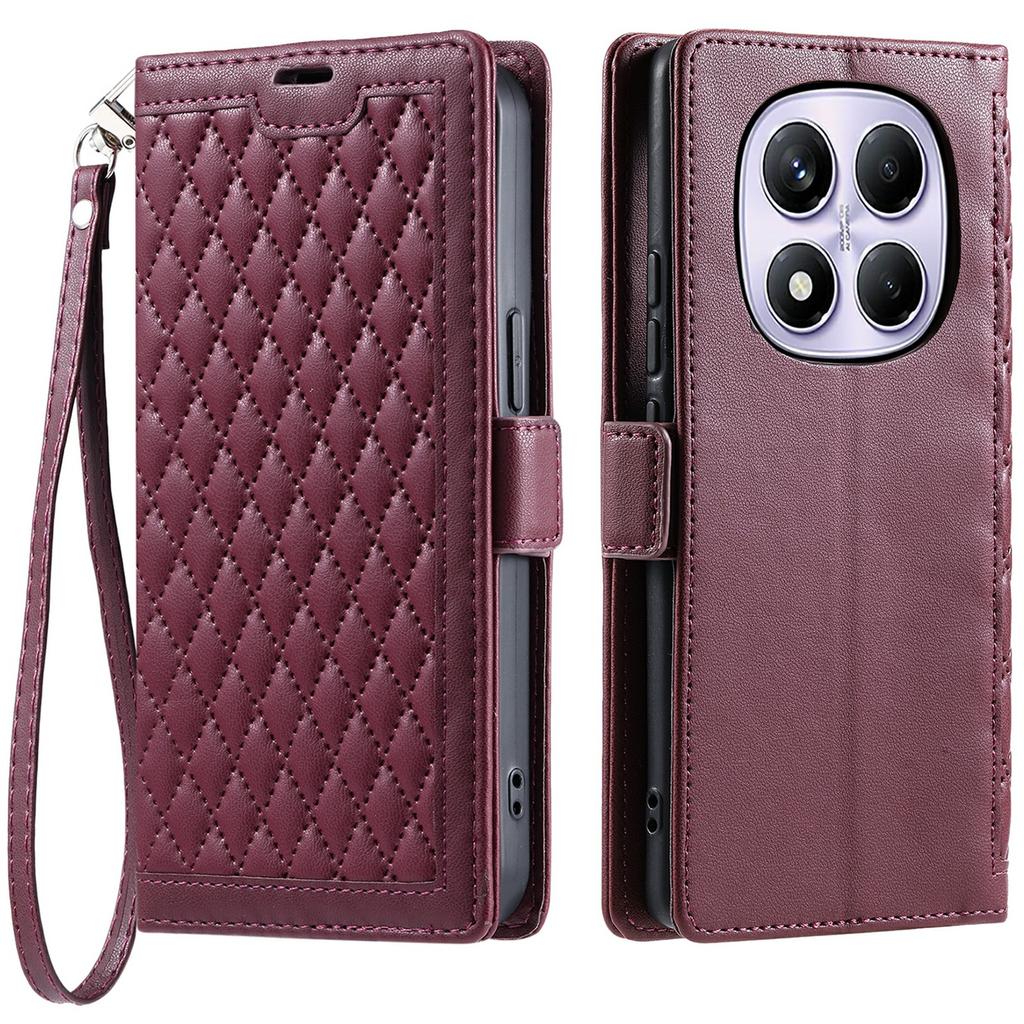 Leather Case For Xiaomi Redmi Note 14 Pro 5G/4G/Poco X7 5G Rhombus Texture Wallet Stand Phone Cover with Wrist Strap