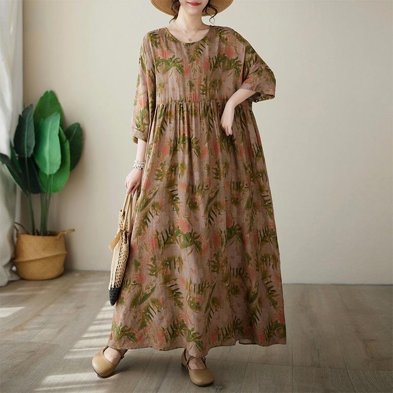 Новое хлопковое платье больших размеров с коротким рукавом и цветочным принтом для женщин, повседневное свободное длинное летнее платье