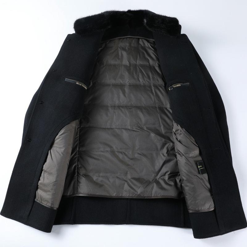 High-end Cashmere Coat for Men, Medium-length Double-sided Woolen Mink Stand-up Collar, Down Bile Business Middle-aged Dad Winter Coat